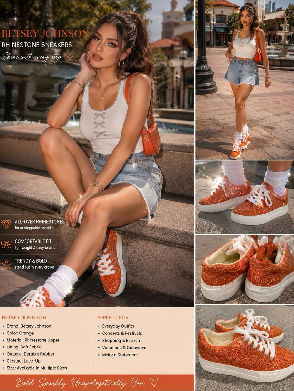 Betsey Johnson Orange Glitter Rhinestone Platform Sneakers
